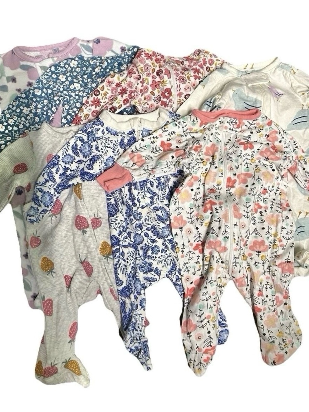 Lot Of 7 Baby Girl Floral Footie Pajamas Size Newborn 2 Way Zipper